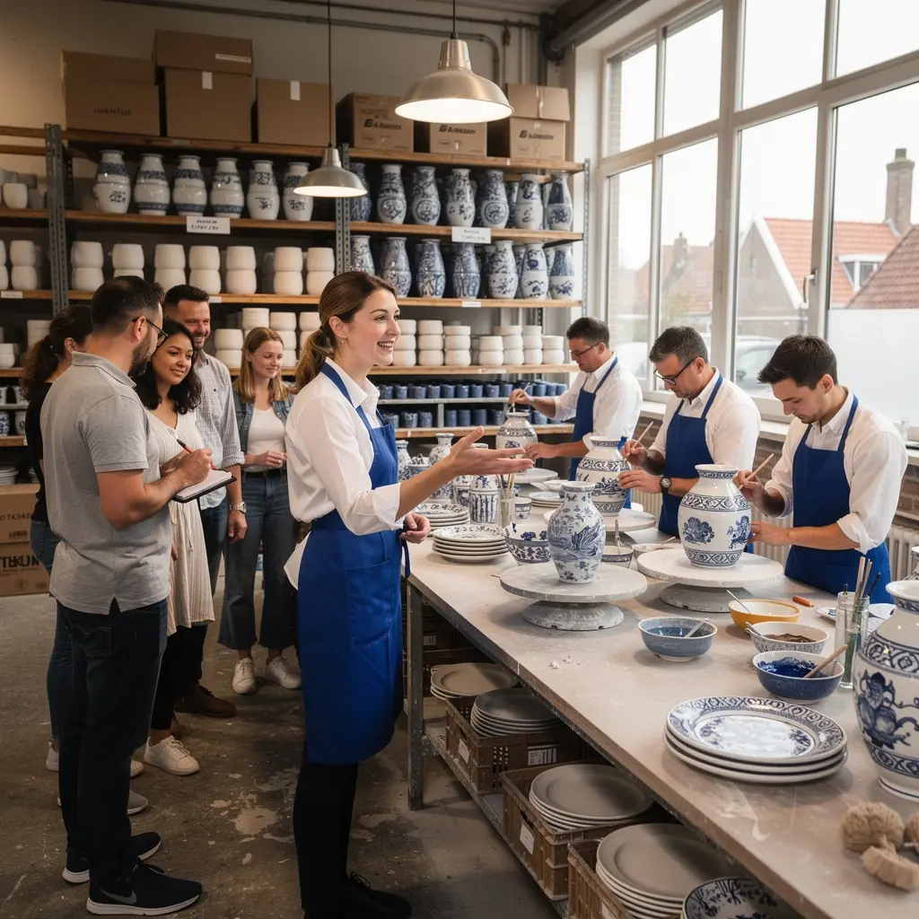 Een groep bezoekers leert traditionele Delfts Blauwe aardewerk technieken in een workshop.