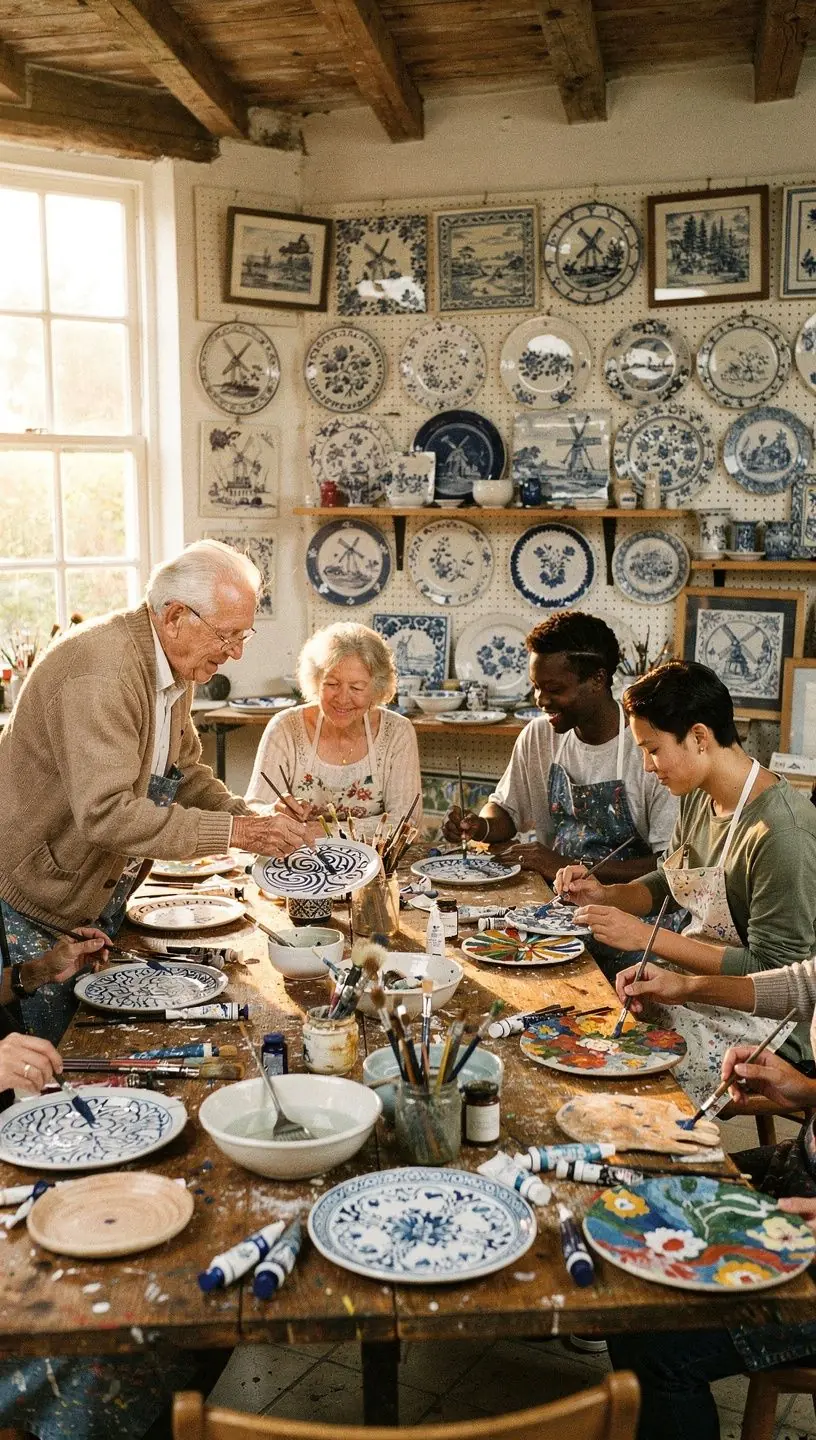 Een schilderles waarbij deelnemers hun eigen unieke keramische ontwerpen creëren in de studio.