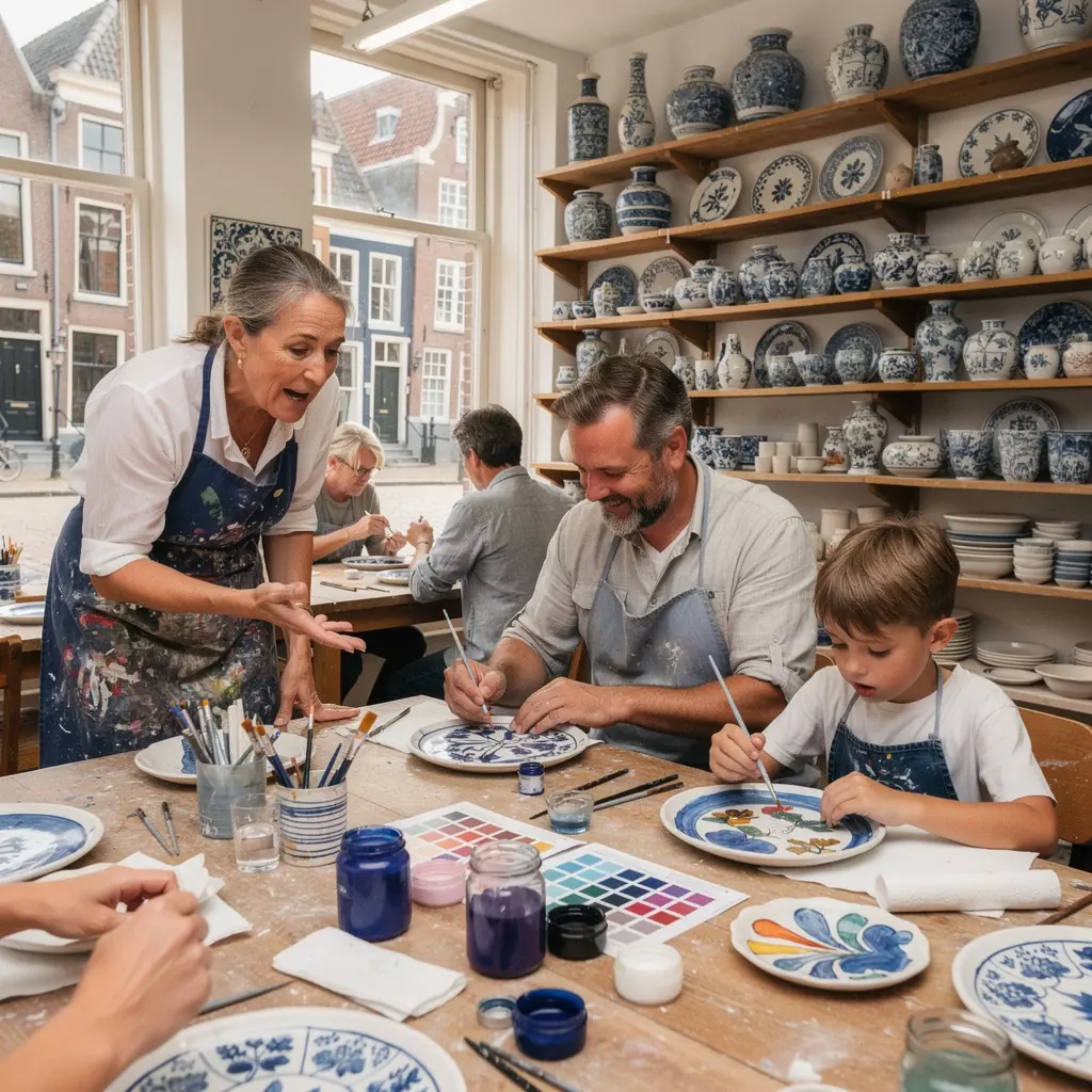 Een close-up van prachtige Delfts Blauwe schalen met traditionele motieven op een tafel.