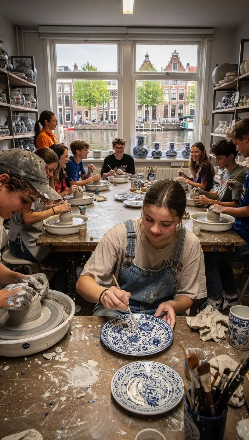 Een sfeervolle winkel met een assortiment van handgemaakt Delfts aardewerk en souvenirs.